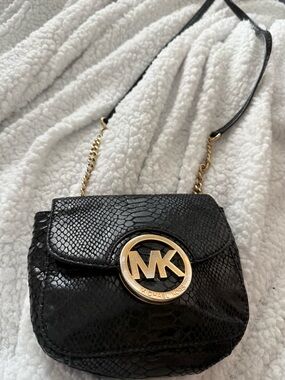 Michael Kors Black Snake-Embossed Crossbody with Gold MK Emblem